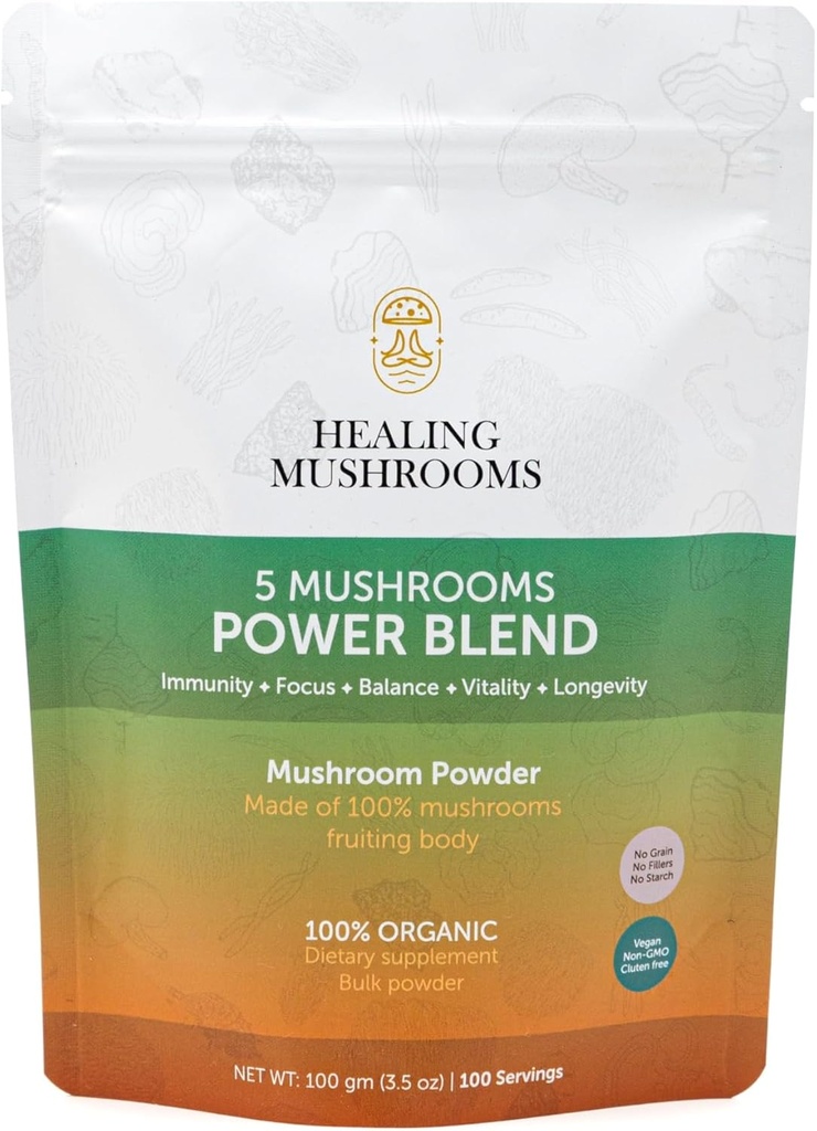 5 Mushrooms Power Bland, Lions Mane, Reishi, Cordyceps, Türkiye Tail, Chaga. 100 Grams