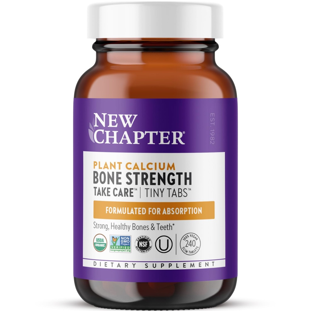 New Chapter Calcium Supplement - Bone Strength Tiny Tabs Plant-Based USDA Organic Calcium with Magnesium, Vitamin D3+K2, for Bone Health & Joint Mobility, Heart Support, 905 mg dose - 240 Tiny Tabs