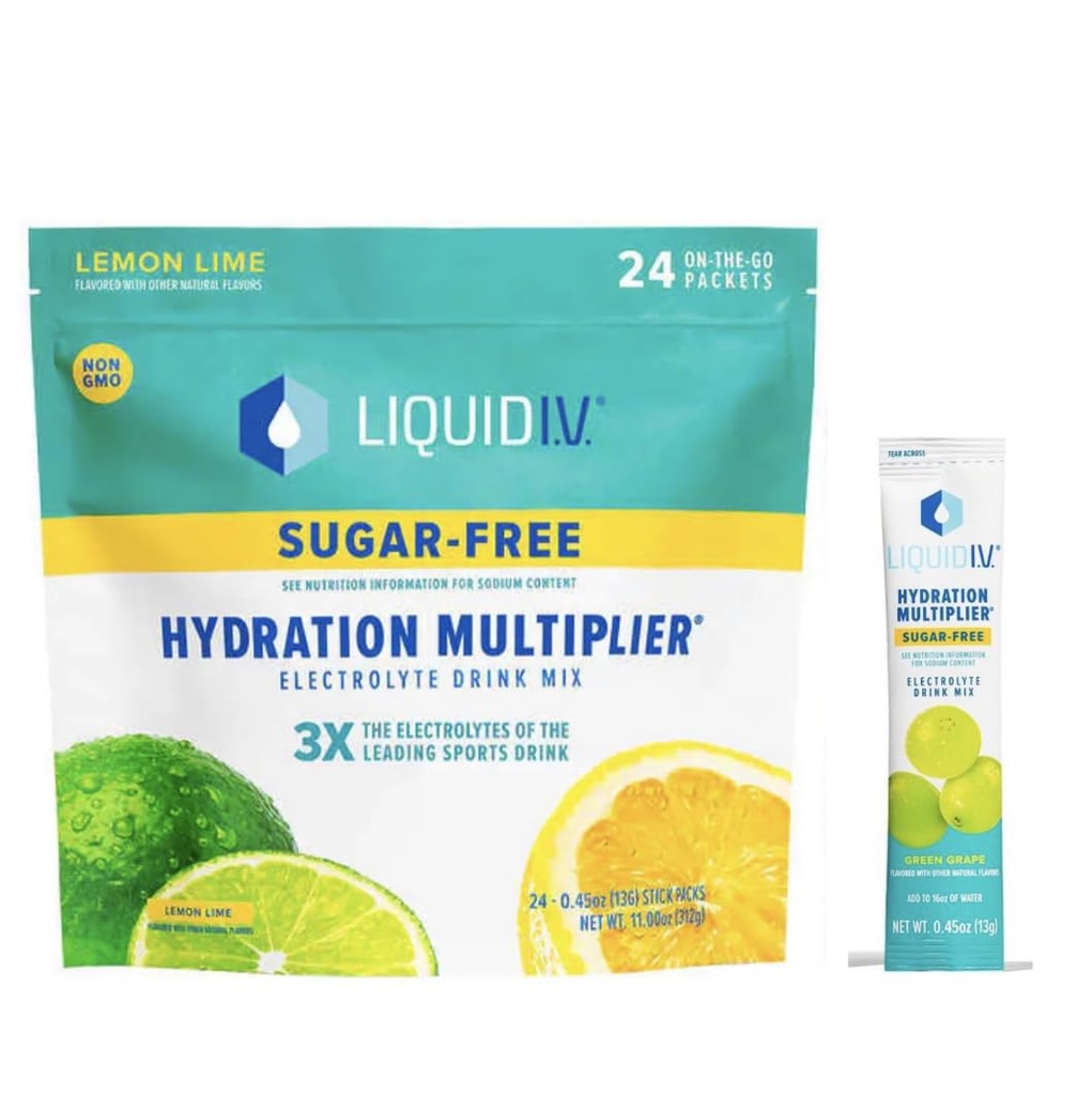 Sıvı I.V. Sugar-Free Hydration Multiplier - Lemon Lime - Hydration Toz Packets, Electrolyte Drink Mix, Easy Open Single-Serving Stick Non-GMO 24 Sticks + 1-0.45 yeşil üzüm şeker ücretsiz