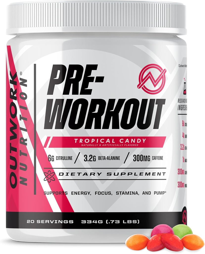 Erkekler ve Kadınlar için Beslenme Preworkout - Nootropic Pre Workout Tina Withouttine, Pre-Workout Toz with Taurine Rhodiola Citrulline Malate Beta Alanine Caffeine (Tropical Candy)