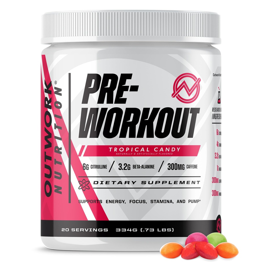 Outwork Nutrition Preworkout for Men & Women - Nootropic Pre Workout Without Creatine, Pre-Workingout Powder with Taurine Rhodiola Citrulline Malate Beta Alanine Caffeine (Tropical Candy)