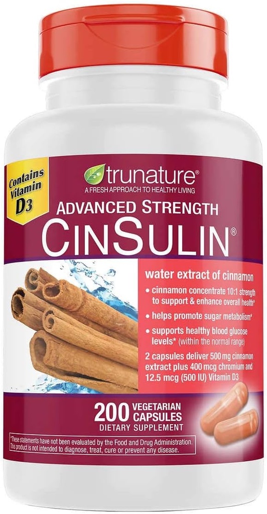 trunature Προηγμένη δύναμη CinSulin 500mg., 200 κάψουλες χορτοφαγικής (2 Συσκευασία)