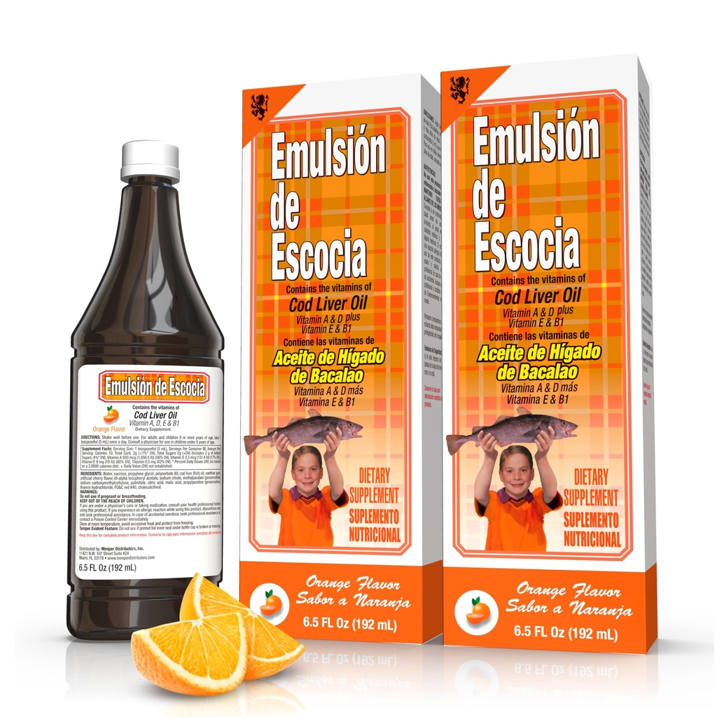 Emulsión de Escocia Cod Liver Oil Kompleks A, D, E, B1 - Immune Support & Bone Health - Essential Omega 3 Fish Oil - 6.5 oz (2-Pack)