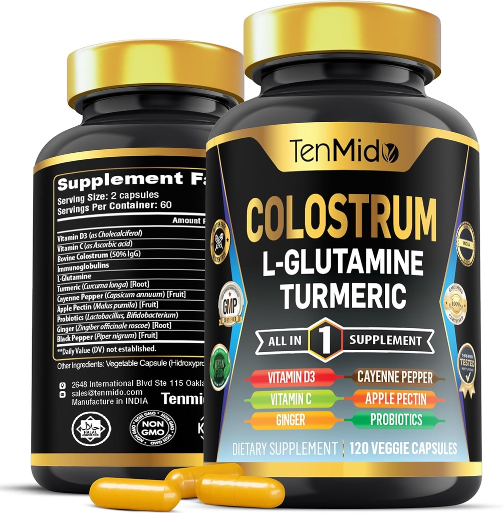 Colostrum Supplement - 10in1 Formula - L- Glutamine, Turmeric, Cayenne Pepper, Apple Pectin, Probiyotiks, Ginger ve More - Digestive Health, Immune Support - 120 Capsules
