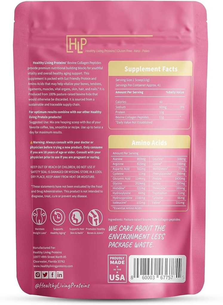 Healthy Living Proteins - Hydrolyzed Bovine Protein Collagen Type I & III - Άγευστη σκόνη κολλαγόνου - Grass Fed, Pasture Μεγαλωμένα Βοοειδή Πεπτίδια - Κέτο & Παλαιό, Χωρίς γλουτένη (10 oz (Pack of 1)