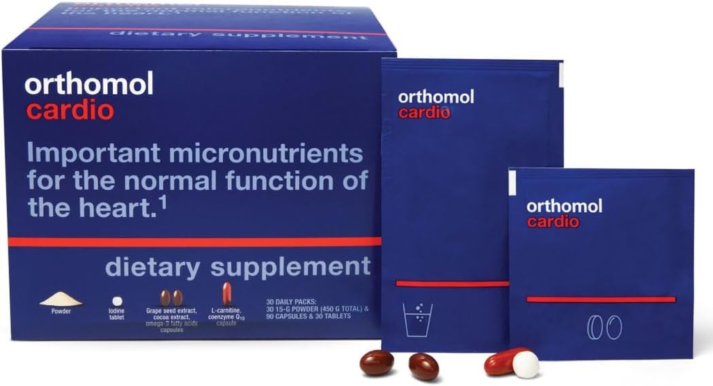 Orthomol Cardio, Heart Health Supplements for Circulation & Vascular Support, Omega-3, Magnezyum, Cocoa Polyols & B Vitamins, Supports Cardiovascular Health, 30-Day Supply, Toz+Tablets+ Capsules