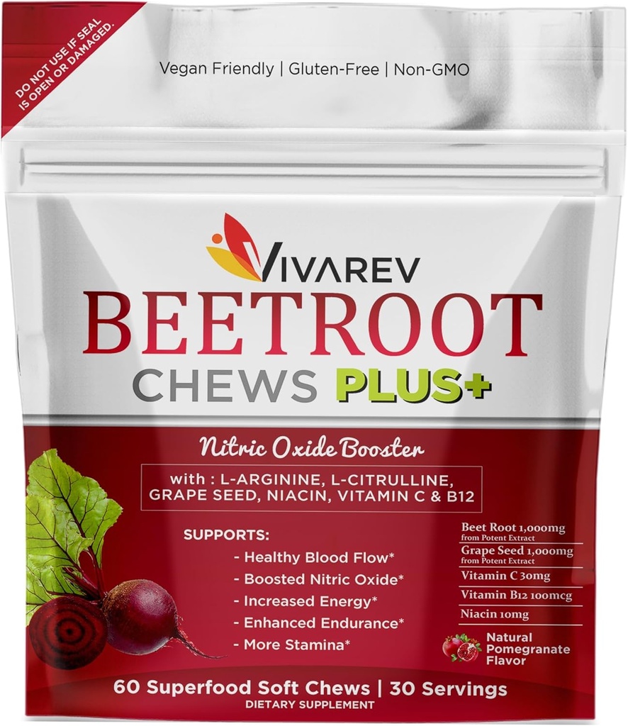 Συμπληρώματα νιτρικού οξειδίου Beetroot - 1000mg Σκόνη τεύτλων με L Arginine, L Citrulline, Grape Seed Extract, Niacin, Vitamin C & B12 - Chews τεύτλων - Συσκευασία των 60