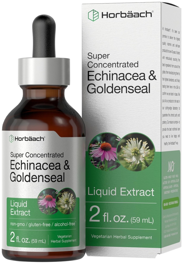 Horbäach Echinacea Goldenseal Liquid Tincture Drops | 2 fl oz | Alkol Free Extract | Vegetarian, Non-GMO, Gluten Free Supplement Supplement