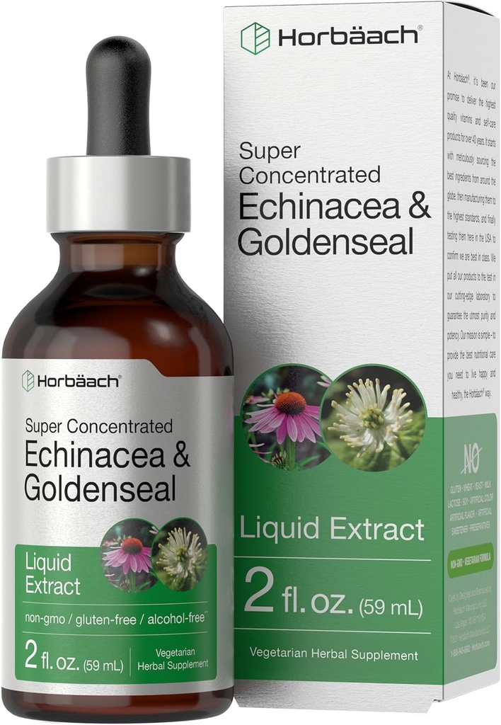 Horbäach Echinacea Goldenseal Liquid Tincture Drops | 2 fl oz | Alkol Free Extract | Vegetarian, Non-GMO, Gluten Free Supplement Supplement