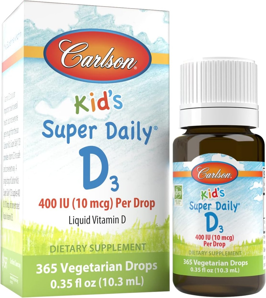 Carlson - Kid's Super Daily D3, Kids Vitamin D Drops, 400 IU (10 mcg) per Drop, Heart Health, Immune Support, Vegetarian, Liquid Vitamin D Drops, Unflavored, 365 Drops,