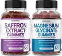 Saffron Supplements (60 Gummies) 5 in 1 Gelişmiş Formula Sugar Free Gummy - Delicious Raspberry Flavor and Magnezyum Glycinate (60 Kont) Pure Glycinate Gummy for Yetişkinler - Non-GMO, Vegan & USA Made-GMO, Vegan & USA Made
