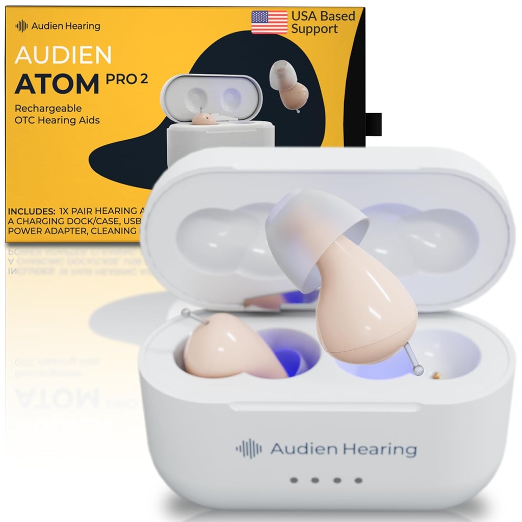 Audien İşitme ATOM PRO 2 Kablosuz Isıtma OTC İşitme Aids, Premium Comfort Design ve Neredeyse Invisible Invisible Invisible Invisible