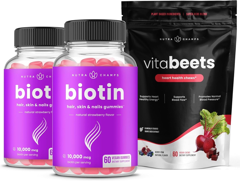 NutraChamps Biotin Gummies 2 Pack & Beet Chews Sche