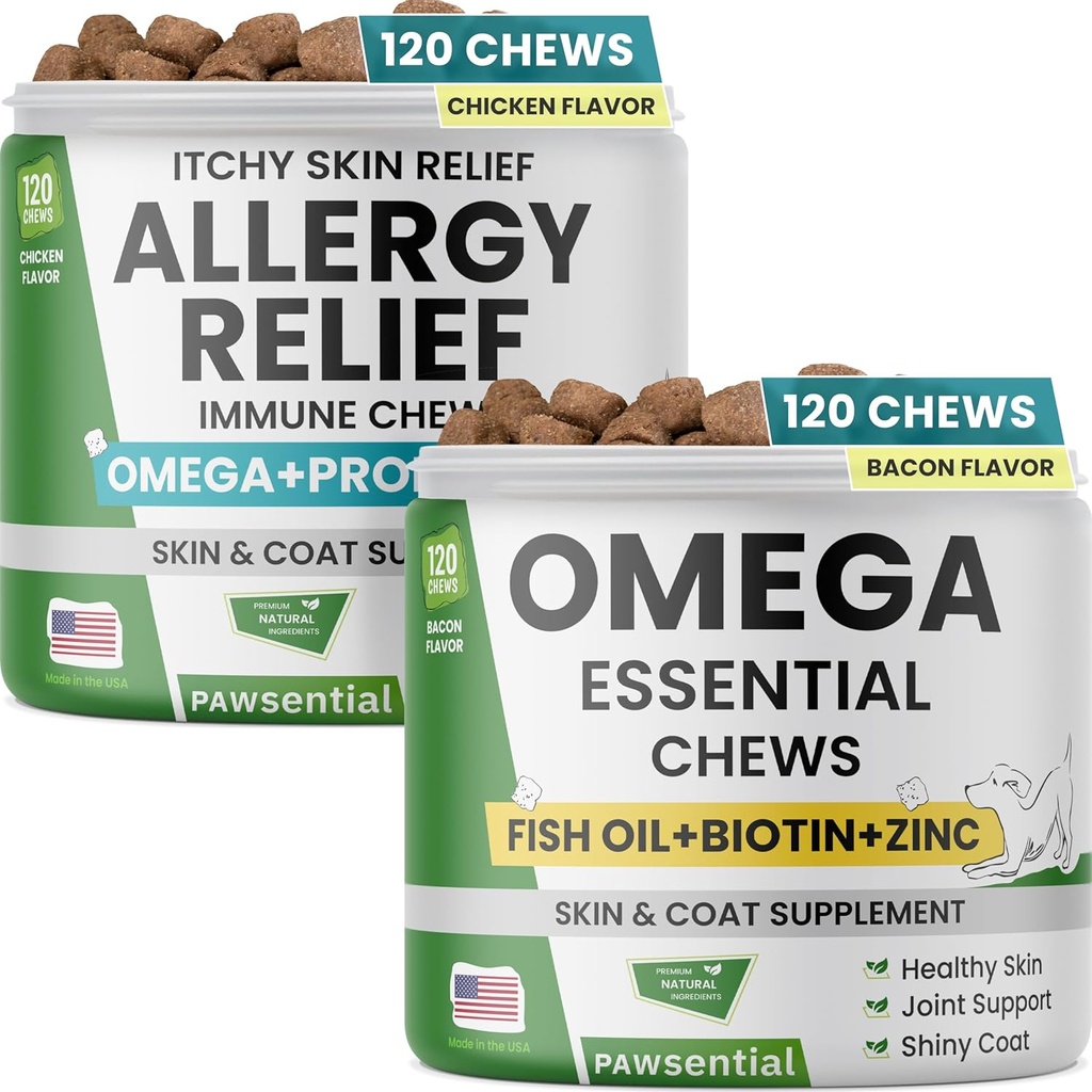 Antivirüs Yardım Köpek Chews + Omega Fish Oil - Itchy Skin Relief w/Probiyotiks + Omega 3 + Colostrum, Omega Skin & Coat Supplement Chews