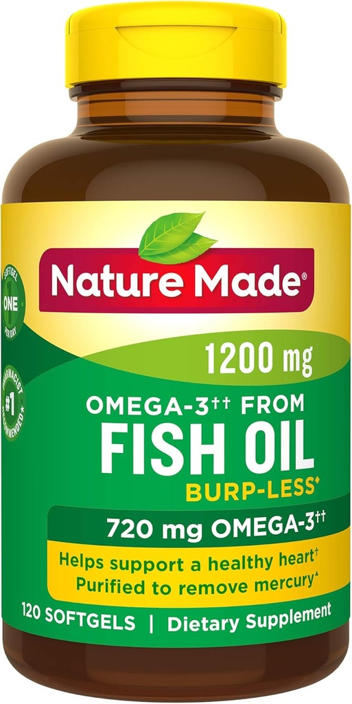 Burp-Less Fish Oil 1200 mg One Per Day, 120 Softgels, Fish Oil Omega 3 Supplement For Heart Health Health