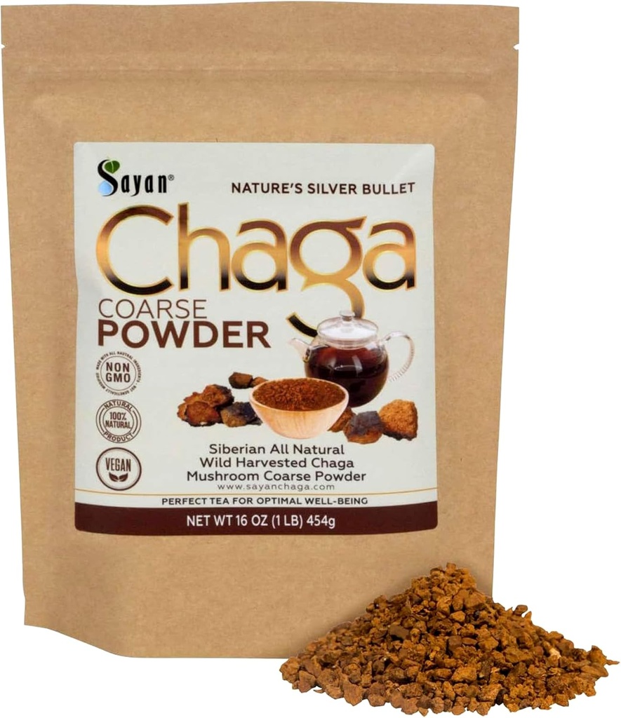 Sayan Sibirya Pure Raw Coarse Chaga Toz 1lb / 454g - Premium Vahşi Orman Immune System and Digestive Health - Focus, Energy, Clarity, Wellness - Non-GMO