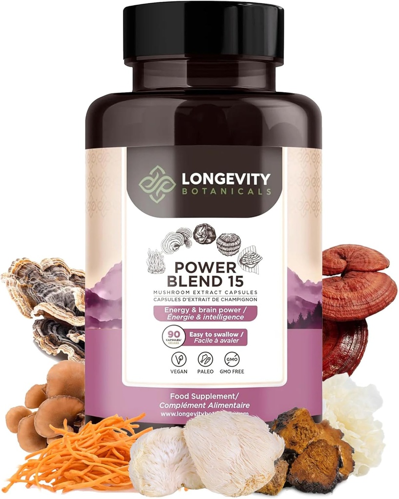 Power 15 Mushroom Mixs Supplement (90) | High Strength Extract Complex | With Lions Mane, Türkiye Tail, Cordyceps, Reishi, Chaga & Tremella | %20 Beta-D Glucans | Immunity & Vitality Support
