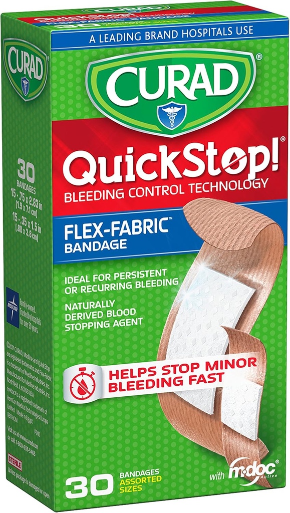 CURAD Quick stop Bleeding Control Flex Fabric Bandages, Assorted Dimensions, 30 Count