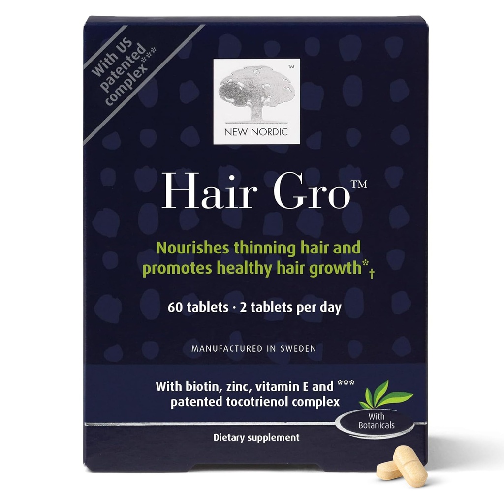 NEW NORDIC GRO μαλλιών, συμπλήρωμα ανάπτυξης μαλλιών, Biotin & εκχύλισμα φοινικέλαιου τοκοτριενόλες για φυσική ανάπτυξη, 60 κόμης (πακέτο του 1)