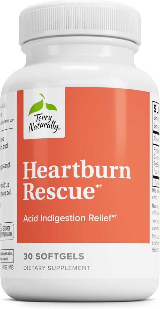 Terry Φυσικά Διάσωση Heartburn - Συμπλήρωμα διατροφής για να βοηθήσει την ανακούφιση της δυσπεψίας οξύ - Digestive Υποστήριξη Υγείας με D-Limonene & Sea Buckthorn - Aids Περιστασιακά Heartburn Relief - 30 Softgels