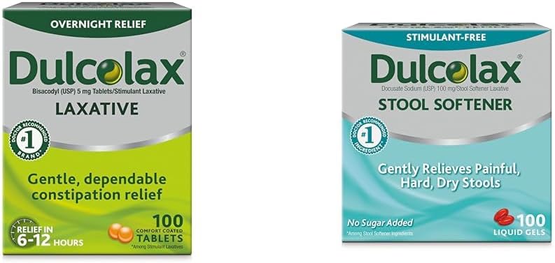 Dulcolax Διεγερτικά Laxative Tablets (100 Count) Απαλή Διανυκτέρευση Δυσκοιλιότητα Ανακούφιση, Βισακοδύλη 5mg & Αποσκληρυντικό Αποσκληρυντικό Υγρού Gel Κάψουλες (100ct) για Απαλή Ανακούφιση, Δοκονικό Νάτριο 100mg