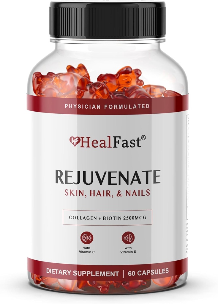 HealFast Rejuvenate Vitamin ve Mineral Gummy Supplement - Collagen Gummies + Vitaminler, Biotin ve çinko - Anti Aging Beauty & Skin Supplement Klinik Olarak Tanımlanmış ve Doktor Formula 60 - 60 Kont