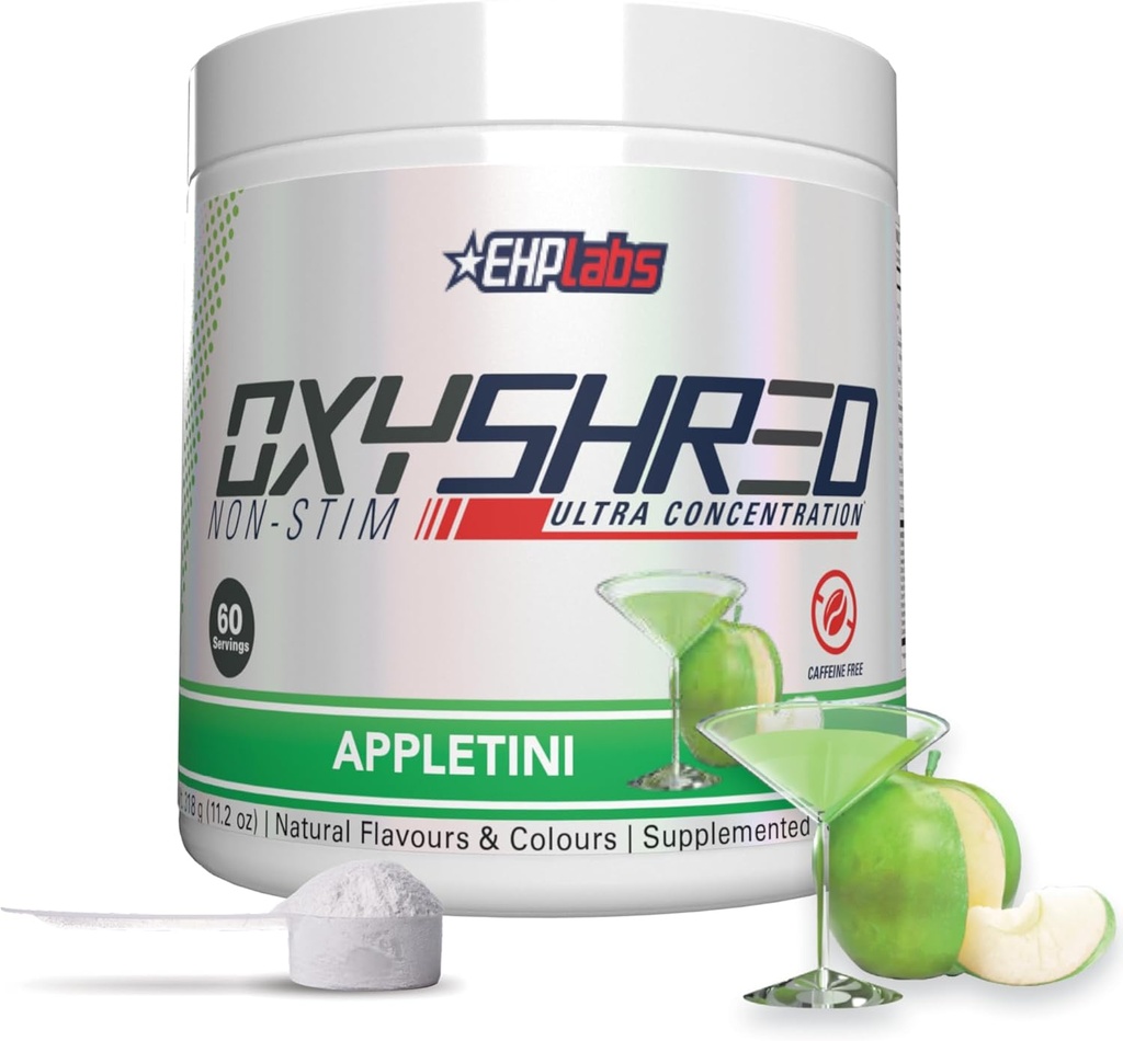 EHP Labs OxyShred μη διεγερτικό πριν από την προπόνηση σκόνη - Stim Δωρεάν προ προπόνηση, καφεΐνη Δωρεάν προετοιμασία για άνδρες & γυναίκες με L Γλουταμίνη & Acetyl L καρνιτίνη - Apple, 60 εξυπηρετήσεις