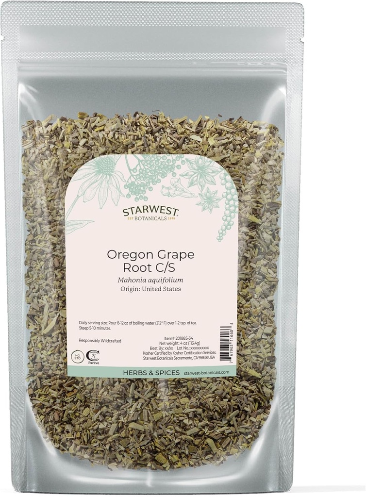 Starwest Botanicals Oregon Grape Root Wildcrafted - Tea, Tinctures, Capsules, & Salves, Natural Wellness for Women & Men, Cut & Sifted, sertifikalı Kosher, Non-GMO - 4 oz Pouch