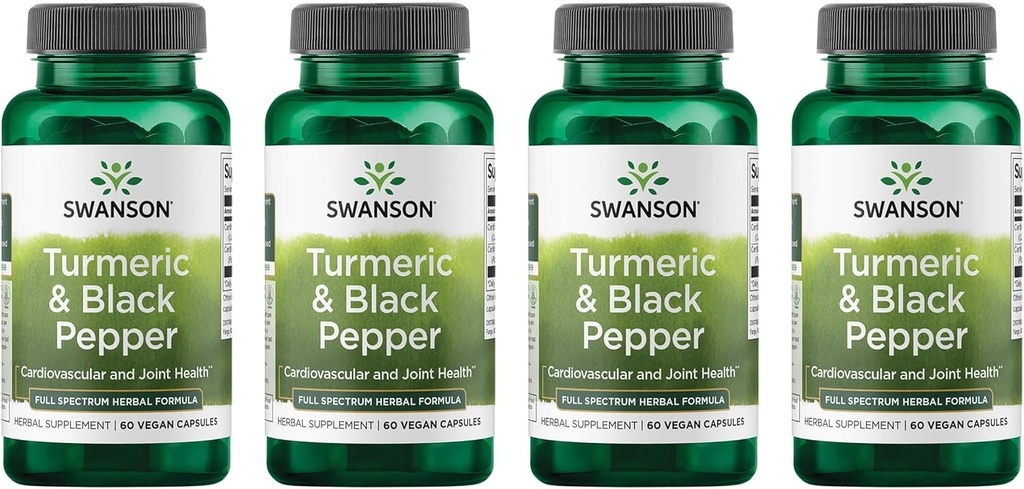 Swanson Turmeric & Black Pepper - Organic Joint Health, Heart Health, Digestion, & Liver Support Supplement - Φυσική φόρμουλα για την ενισχυμένη βιοδιαθεσιμότητα και απορρόφηση - (60 κάψουλες λαχανικών) 4 Pack