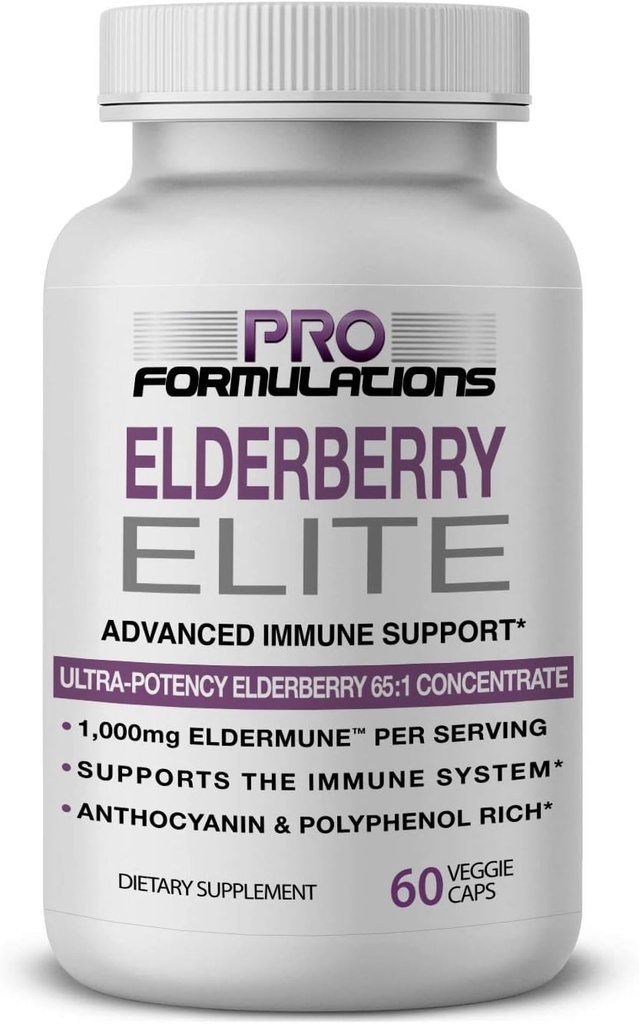 Pro Formulations - Elderberry Elite - Güçlü En İyi Yaşlılar 65:1 - Gelişmiş Immune Support Capsules - 60 ct - hizmet başına 1000 mg - Vegetarian, No Yapay Renkler veya Flavors