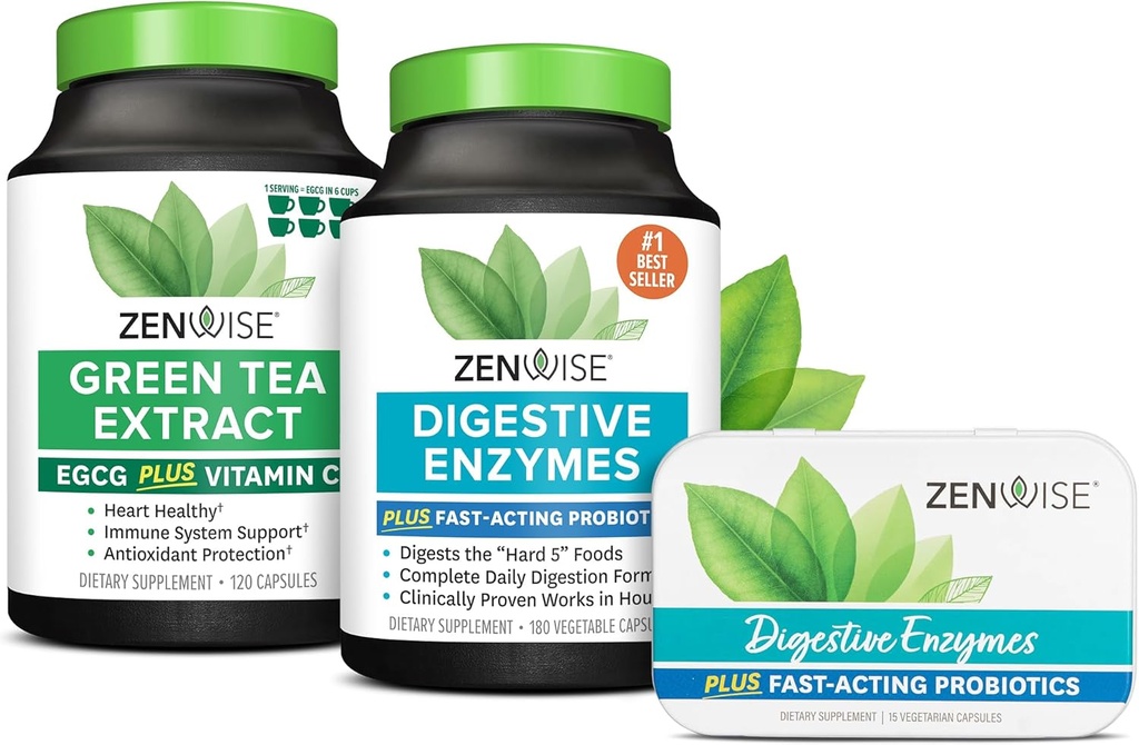 Zenwise Health Digestive Enzymes, Green Tea Extract, ve Free Travel Tin
