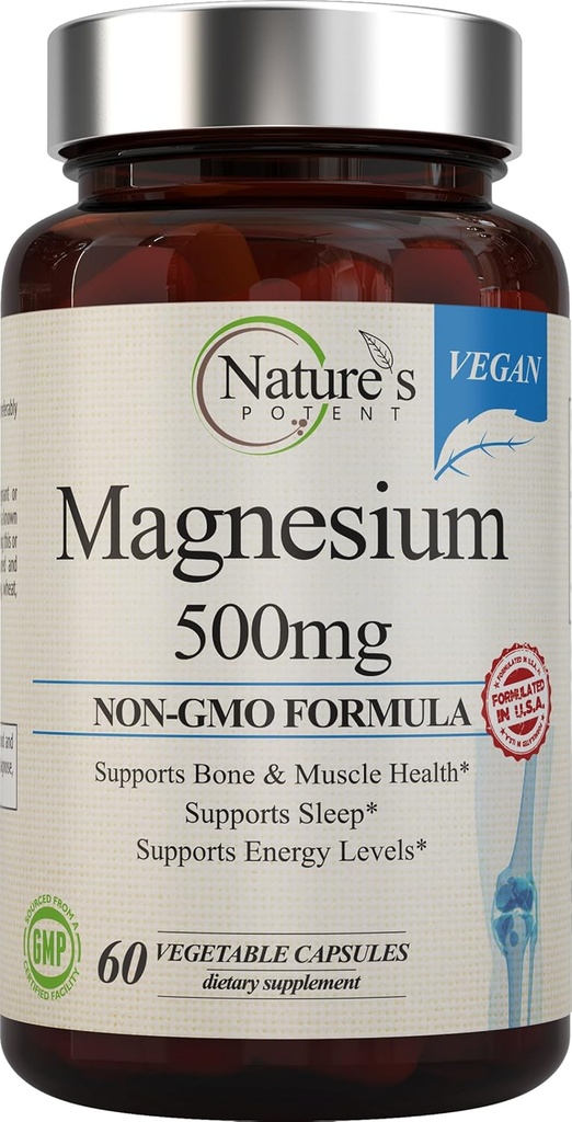 Nature's Potent Magnezyum Supplements | Citrate & Magnezyum Oksit 500 mg | Vegan Magnezyum Supplement for Women & Men | USA Made for Sleep Support - 60 Veggie Capsules