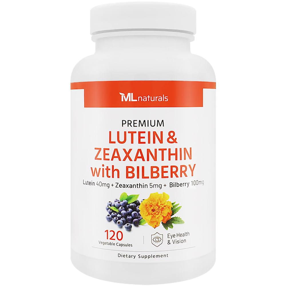 ML Naturals Premium Lutein & Zeaxanthin Bilberry 120 Sebze Kapsülleri ile. Lutein 40 mg, Zeaxanthin 5 mg ve Bilberry 100 mg. Premium Quality. Sağlıklı Gözler ve Vizyon, NSF-Cerated & cGMP-Compliant