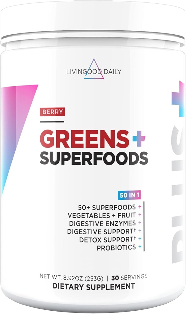 Daily Greens & Superfood Toz, Gut Health için Süper Yeşiller, Spirulina, Chlorella ve Digestive Enzymes, Probiyotiks for Digestive Support, Berry, 30 Hizmetler
