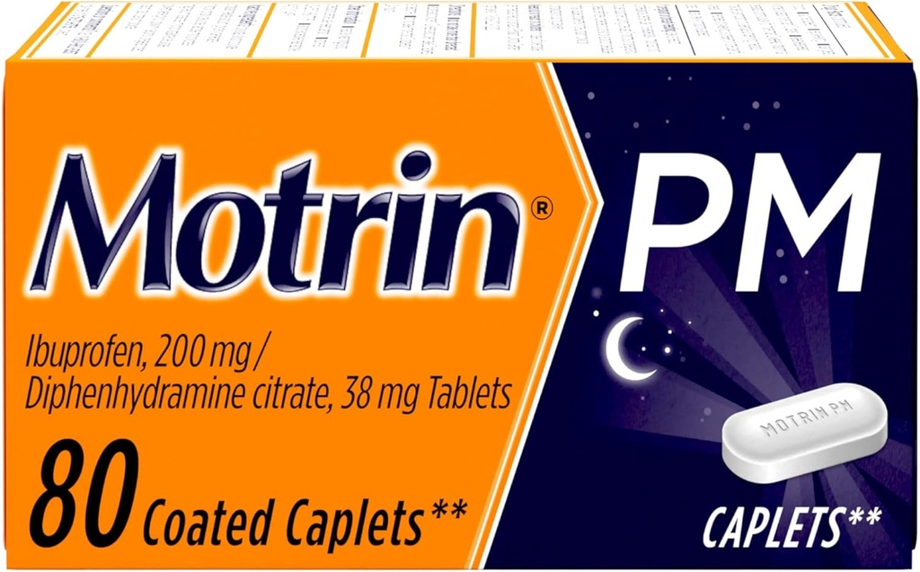 Motrin PM Caplets with 200 mg Ibuprofen & 38 mg Diphenhydramine Sleep Aid, Nighttime Pain Reliever for Minor Aches & Pains, Bulk, 80 ctt