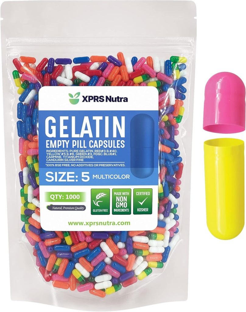 XPRS Nutra Boyutu 5 Boş Kapsüller - 1000 Kont Çok Küçük Boş Gelatin Capsules - Pills DIY Capsule - Do-It- Yourself Vitamin Supplements (Multi Color)