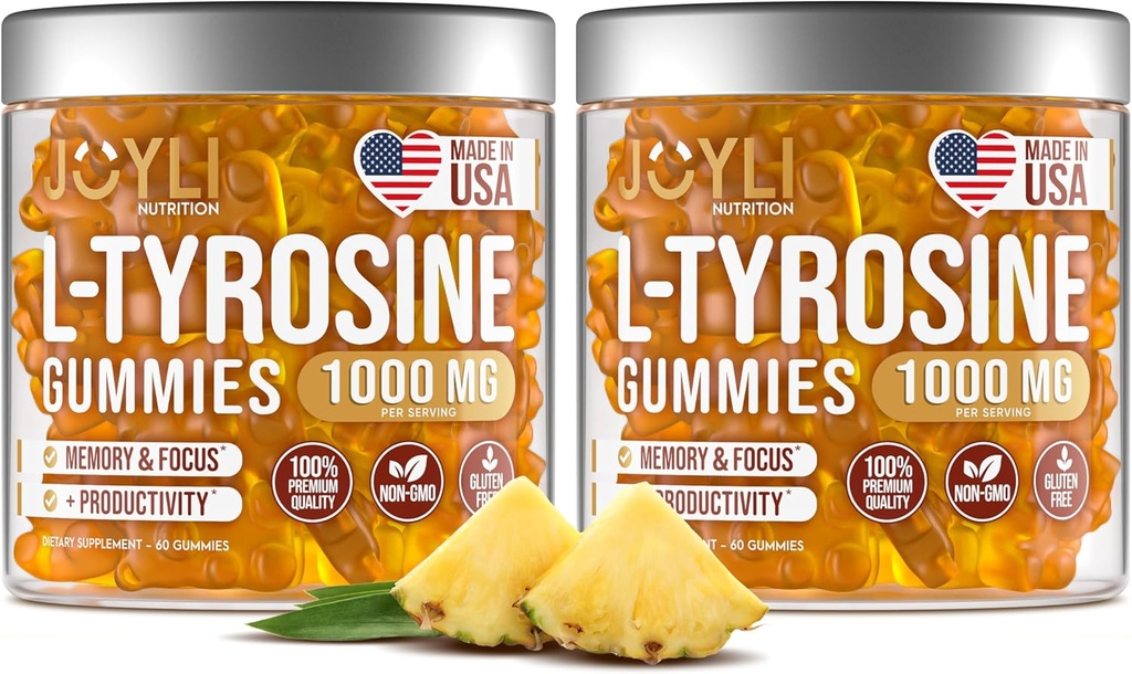 2 Pack - JOYLI L-Tyrosine Gummies 1000MG – Sugar-Free Vegan Focus Supplement & Mood Support for Kids & Yetişkinler – 500 mg Per Gummy – Sleep Gummies for Memory, Energy & Wellness – 60 Adet