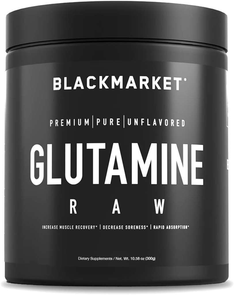 BLACKMARKET RAW Γλουταμίνη - Εκγύμναση πόσιμου νερού για άνδρες και γυναίκες, βελτίωση της αποκατάστασης & μείωση της μυϊκής κόπωσης, αύξηση της μνήμης, εστίαση, συγκέντρωση, 300 γραμμάρια
