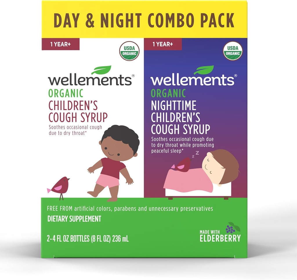 Wellements Organic Day & Nighttime Children's Cough Combo Syrup | Soothing Daytime & Nighttime Cough Relief USDA Organic | Value Pack (2) 4 Fl Oz. Şişes, 1 Yıl+