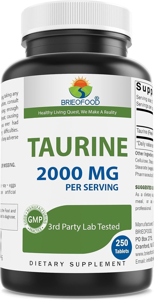 Brieofood Taurine 2000 mg ανά Σερβίρισμα- 250 Δισκία - Εργαστήριο 3ου Κόμματος Δοκιμασμένο για Καθαρότητα & Ποιότητα