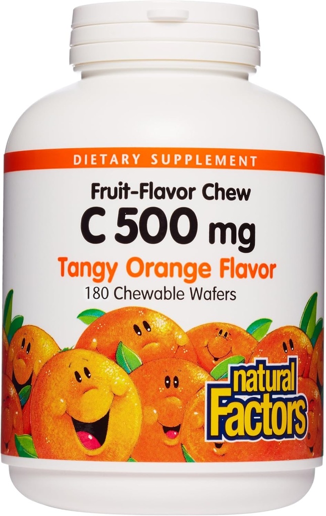 Natural Factors, Kids Chewable Vitamin C 500 mg, Supports Immune Health, Bones, Teeth and Gums, Tangy Orange, 180 Count (Pack of 1)