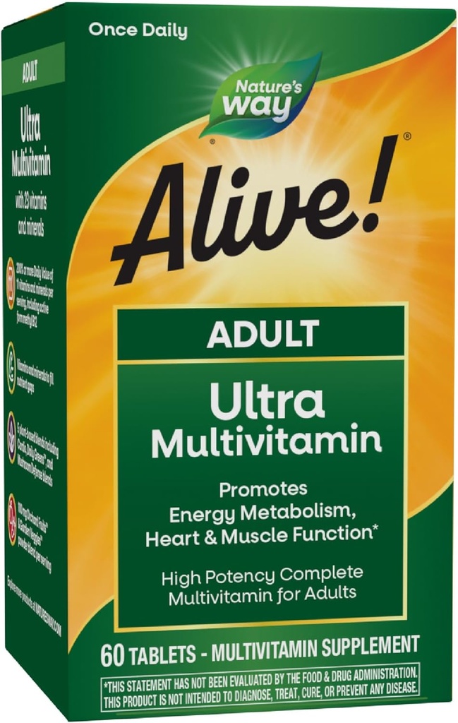 Doğanın Yolu Alive! Yetişkin Ultra Multivitaminler, Enerji Metabolism, Kalp ve Kas Fonksiyonlu*, B-Vitamins Including Me12, Gluten Free, 60 Tabletler