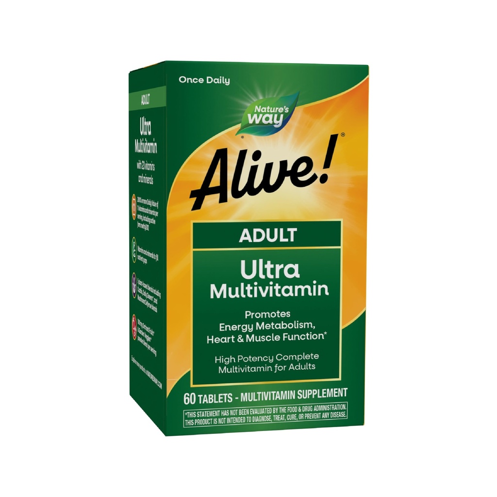 Doğanın Yolu Alive! Yetişkin Ultra Multivitaminler, Enerji Metabolism, Kalp ve Kas Fonksiyonlu*, B-Vitamins Including Me12, Gluten Free, 60 Tabletler