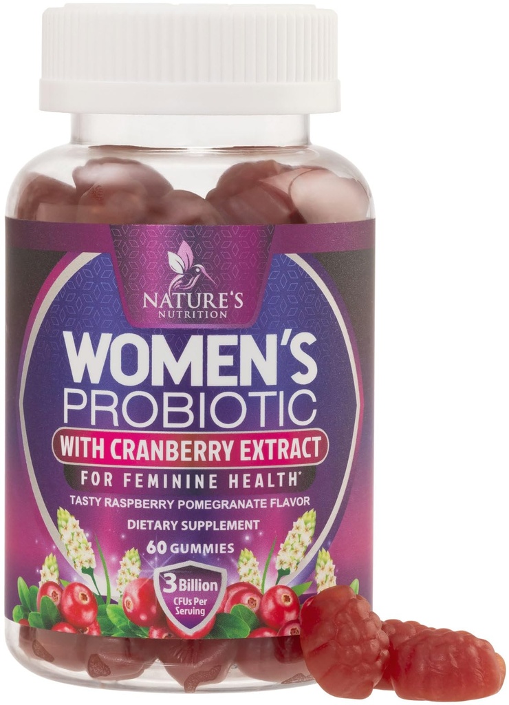 Cranberry ile Kadınlar için Probiyotikler - PH Balance için 6 Premium Strains, Digestive Health, Vaginal & Immune Support, 3 Milyar CFU, Kadın Probiyotik Gummy for Feminine Health - 60 Gummies