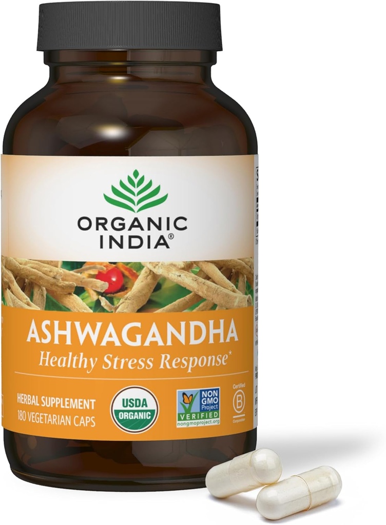 ORGANIC INDIA Ashwagandha Capsules - Organik Ashwagandha Supplement - Vegan Ashwagandha Root, Gluten-Free, Kosher, Non-GMO, Supports Stress Relief, Energy, and Sleep - 180 Capsules