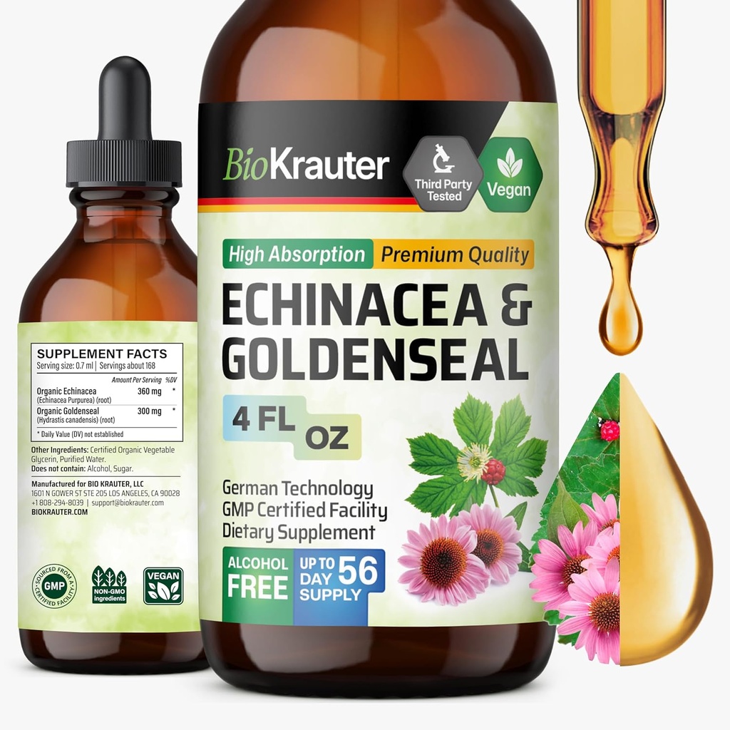 BIO KRAUTER Echinacea και Goldenseal Root Liquid Extract - Φυσική Ανοσολογική Υποστήριξη - Echinacea Drops with Goldenseal - Vegan, Αλκοόλ & Ζάχαρη Δωρεάν Βάμμα - 4 Fl.Oz.