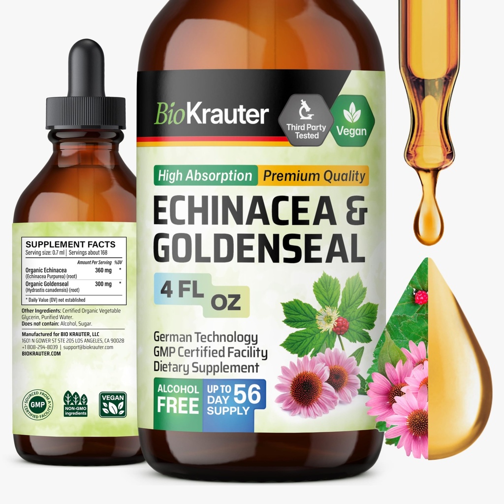 BIO KRAUTER Echinacea ve Goldenseal Root Liquid Extract - Natural Immune Support - Echinacea Drops with Goldenseal - Vegan, Alkol & Sugar Free Tincture - 4 Fl.Oz.