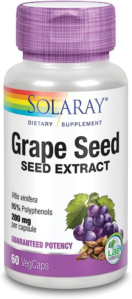 SOLARAY Grape Tohumu 200 mg Plus Bioflavonoyak Kompleks | Sağlıklı Kartiovascular & Blood Gemi Desteği | 60 VegCaps