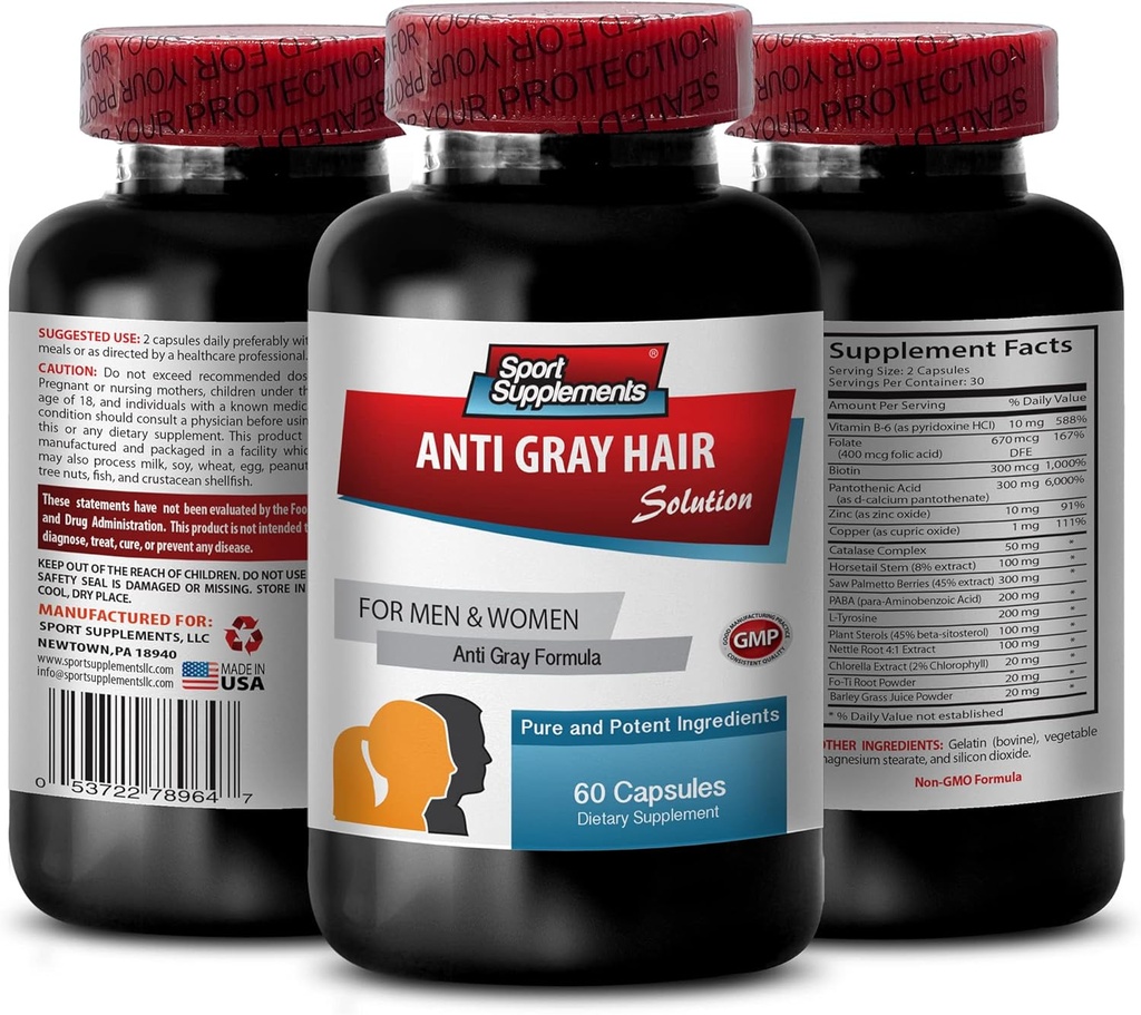 Catalase Kompleks Anti-Gray Saç hapları - ANTI-GRAY HAIR SOLUTION - Saç Büyümesi için Güçlü Antioksi, Doğal Saç Rengini Korumak, Graying, Essential Nutrients, 1 Şişe, 60 Capsules