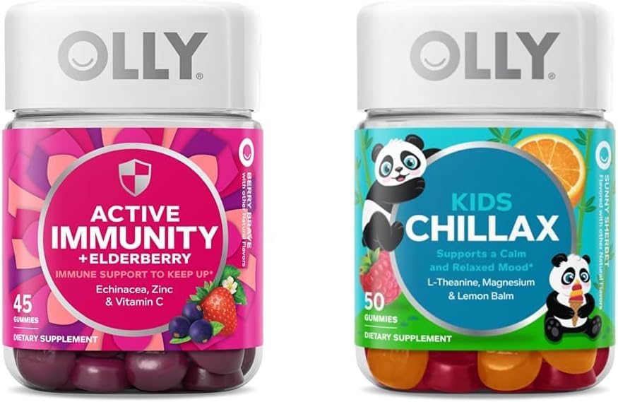 OLLY Gummy Active Immunity+Elderberry, 45 Gummies Kids Chillax, Magnesium Gummies, Lemon Balm, Calm Chews for Kids 4+, 50 Count